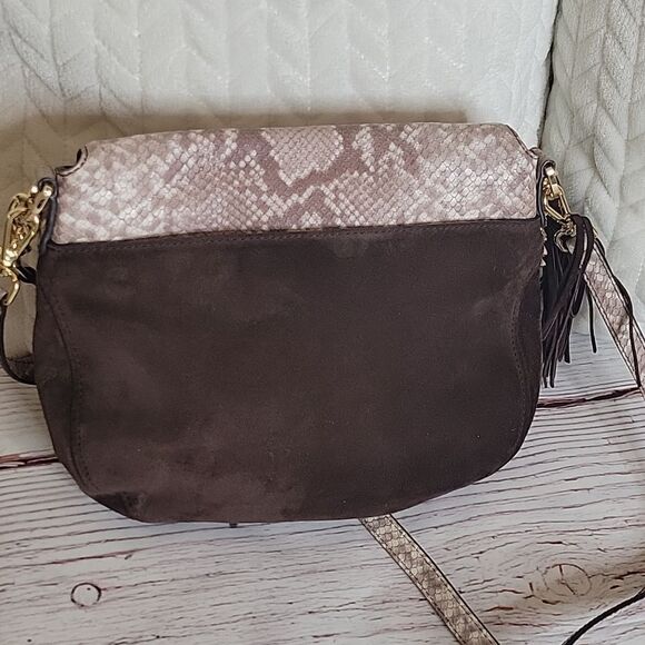MICHAEL Michael Kors Brown Suede and Python Embossed Leather Shoulder/Crossbody - Picture 4 of 10